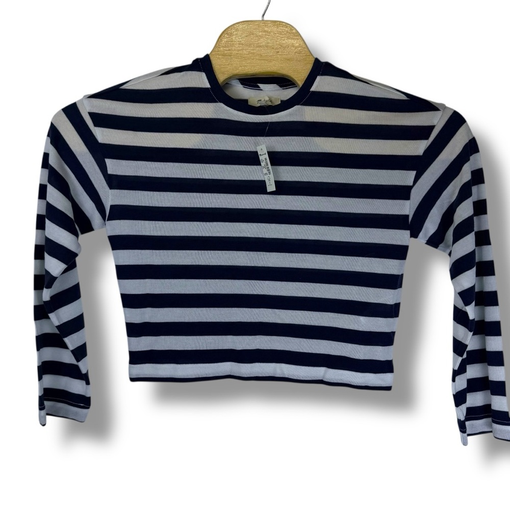 Madewell Navy White Striped Cropped Long Sleeve Tee‎ XS NWT